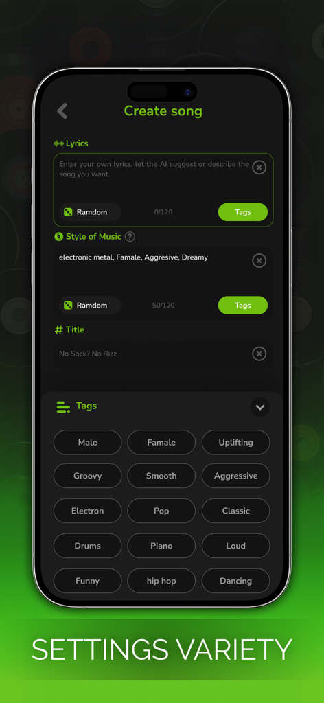 Smusi - AI Music Generator - Smartphone screen showing the music creation interface of Smusi AI Music Generator with various style and genre settings