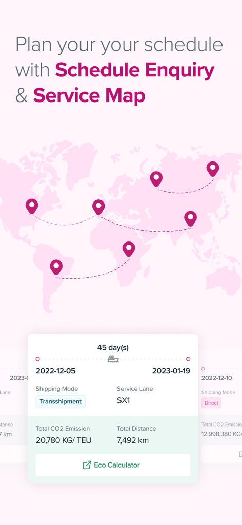 Ocean Network Express app screen for schedule enquiry and service map with CO2 emission data