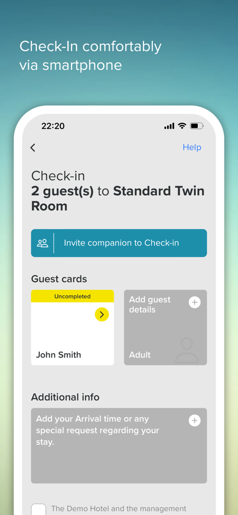 Mobile Check-in-Bildschirm der GuestAdvisor-App mit Gastdetails und Zimmerregistrierungsoptionen