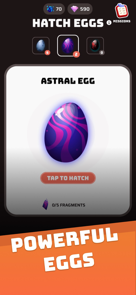Voidpet Dungeon Spieloberfläche, die ein lila gemustertes Astral-Ei zeigt, das zum Schlüpfen bereit ist
