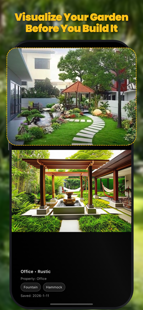 AI Garden Design landscape - AI generated garden landscape designs showing a gazebo with a stone path and a rustic pergola with a fountain