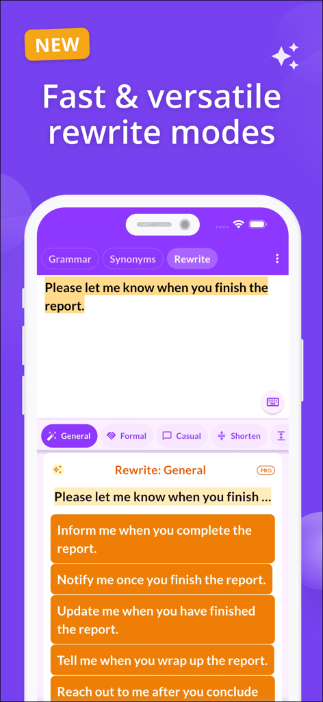Proofreader: AI Grammar Check - Proofreader app interface showing multiple AI rewrite suggestions for a professional sentence