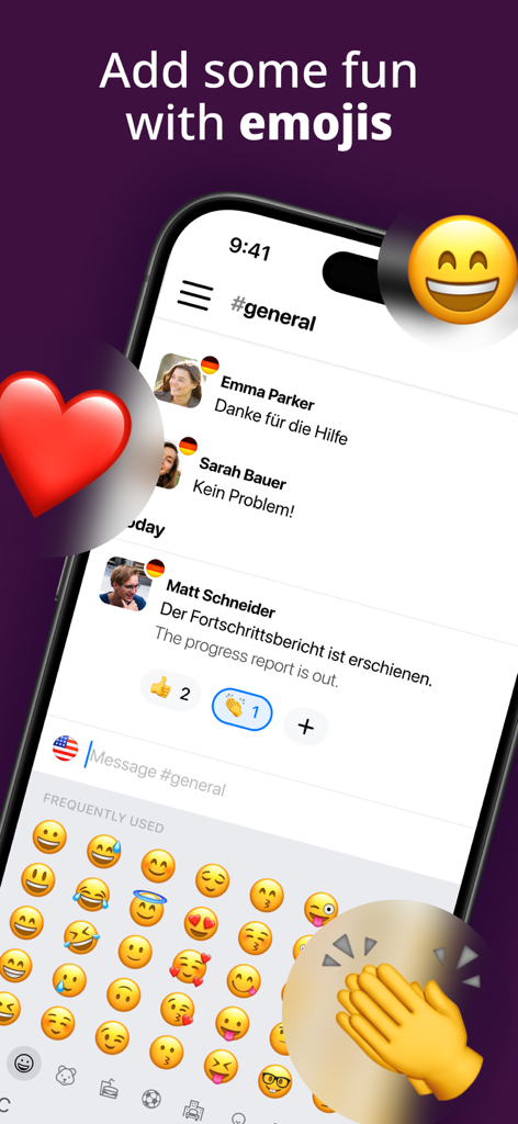 Translator Keyboard - Language - A smartphone screen showing the Translator Keyboard app with an emoji selection menu and real-time chat translation from German to English.