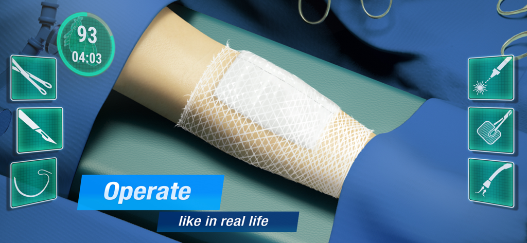 A realistic surgery simulation gameplay screen showing medical tools and a bandaged patient in Operate Now Hospital