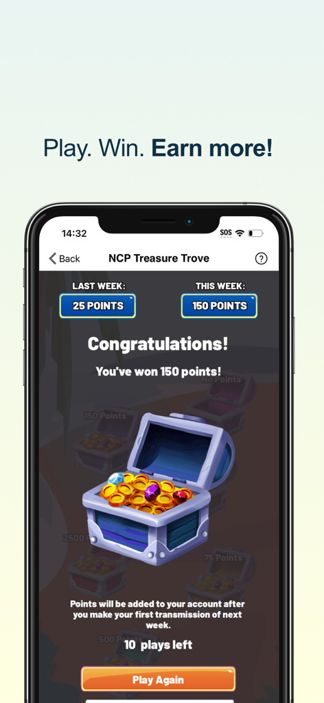 NCPMobile: Shopping Rewards - Pantalla del juego NCP Treasure Trove con notificación de puntos de recompensa