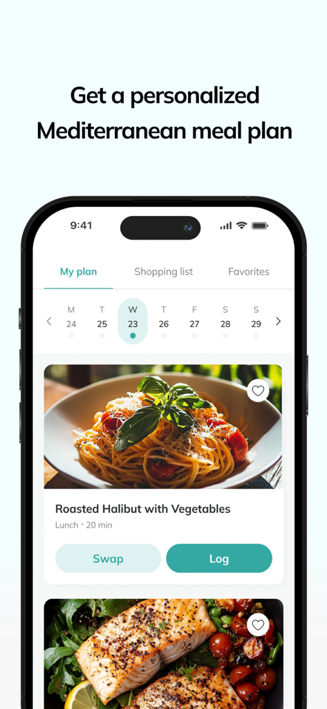 no.Diet - Interface de l'application no.Diet montrant un plan de repas méditerranéen personnalisé avec une recette de flétan rôti