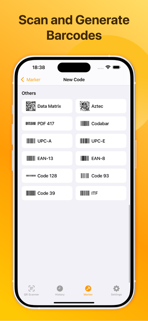QR Code Scanner: QR Reader - Pantalla de la aplicación de iPhone mostrando opciones para generar varios tipos de códigos de barras, incluyendo UPC y EAN