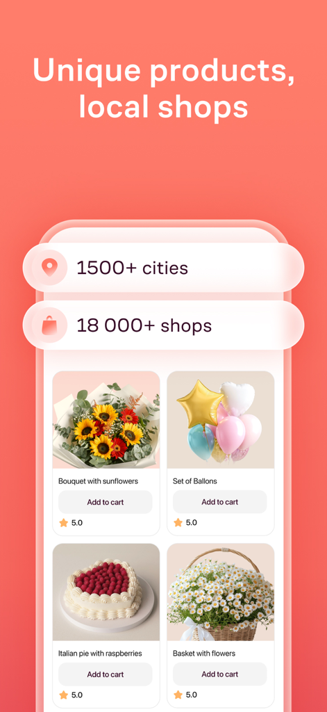 Flowwow app interface showcasing unique gifts from over 18000 local shops across 1500 cities
