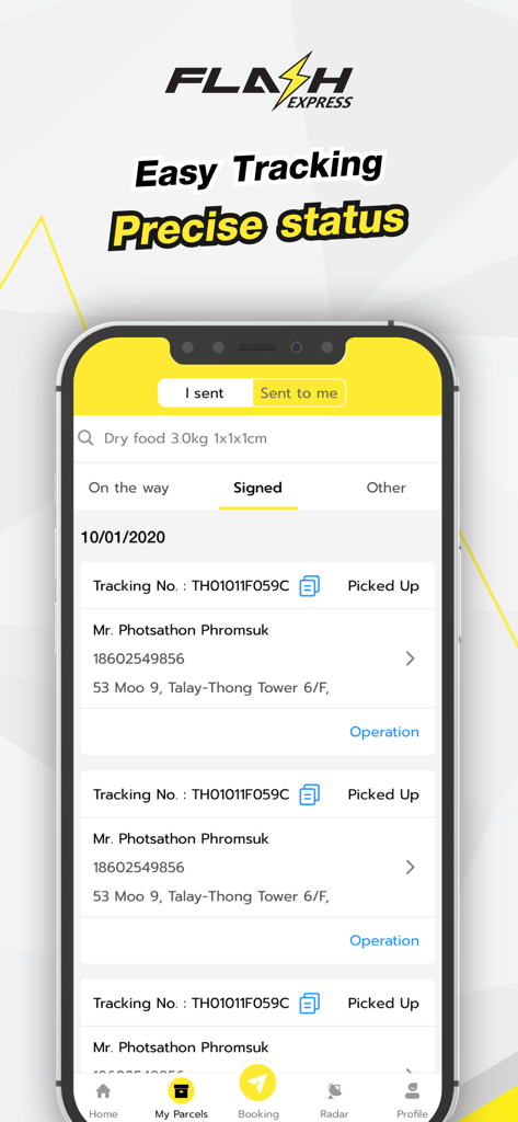 Flash Express PH app tracking screen showing shipment status and tracking numbers