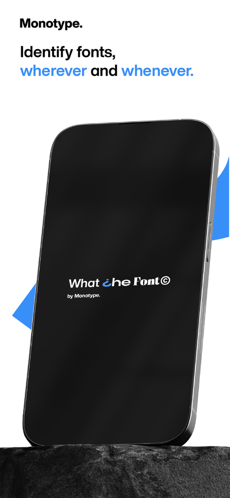 Pantalla de inicio de la aplicación WhatTheFont en un smartphone con el eslogan Identifica fuentes donde y cuando quieras.