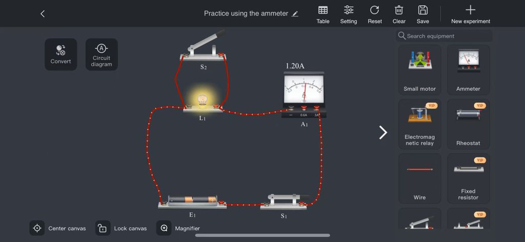 A virtual physics experiment in NOBOOK Lab showing an electrical circuit with an ammeter and light bulb