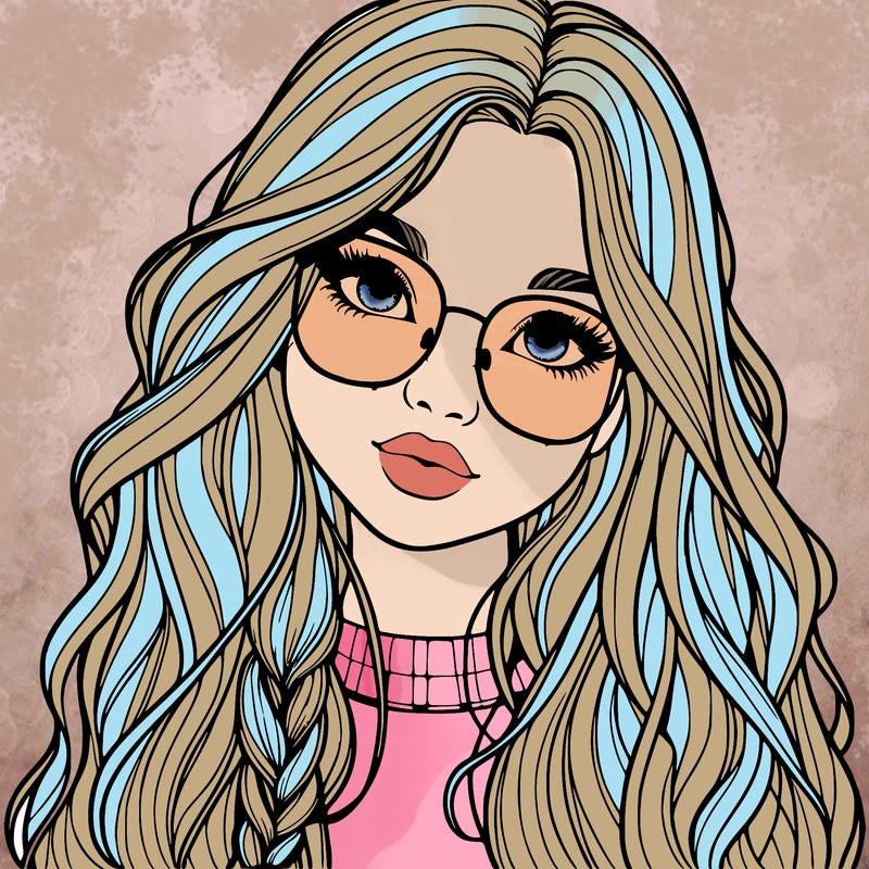 girl with long hair and freckles and glasses realistic