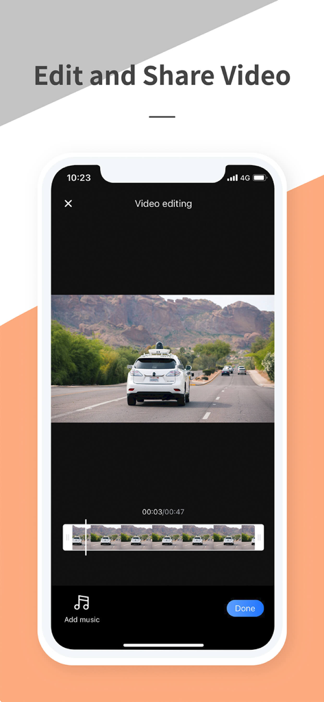 Wolfbox - Interfaccia dell'app Wolfbox per modificare e condividere filmati della dash cam su uno smartphone