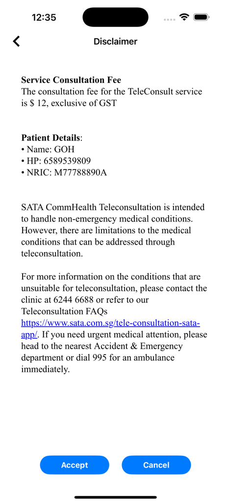 SATA Public - SATA Public app teleconsultation disclaimer and service fee screen