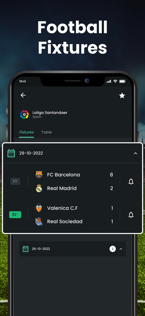 Football Scoreboard Live Score - Mobile app screen showing La Liga soccer fixtures and live match scores