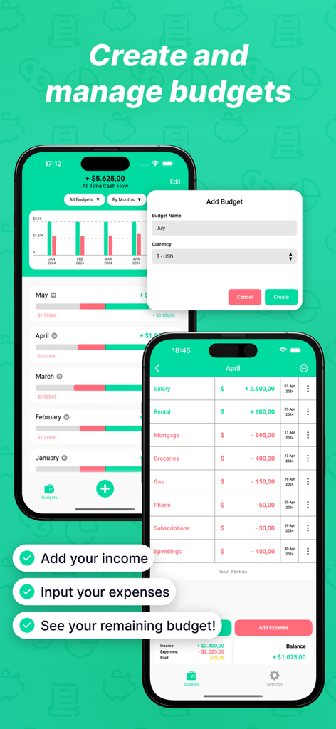 Two iPhone screens displaying the YBB Budgeting app interface with financial charts and a detailed list of monthly expenses and income.