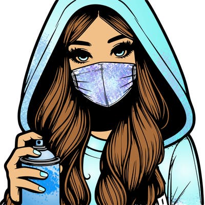 girl wearing a mask with long hair with her hood up spray-painting realistic