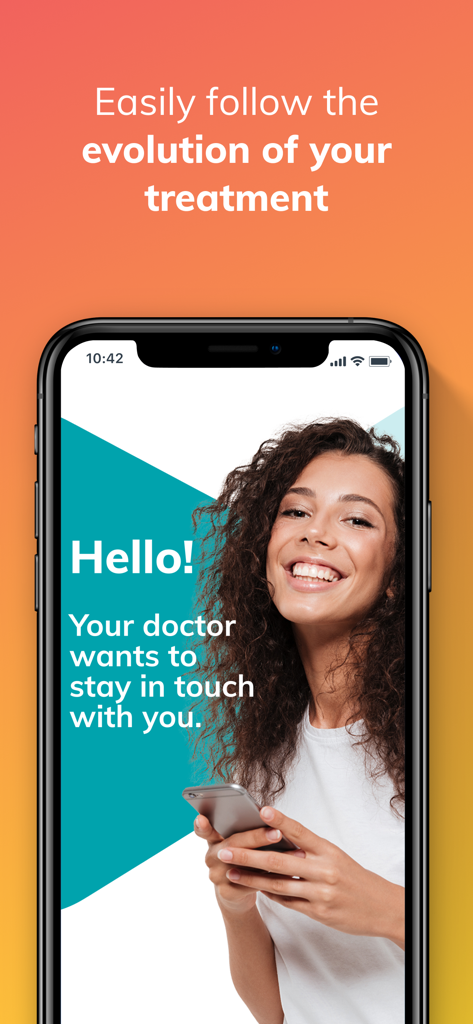A smartphone screen displaying the DentalMonitoring app featuring a smiling woman and a message about remote doctor communication.