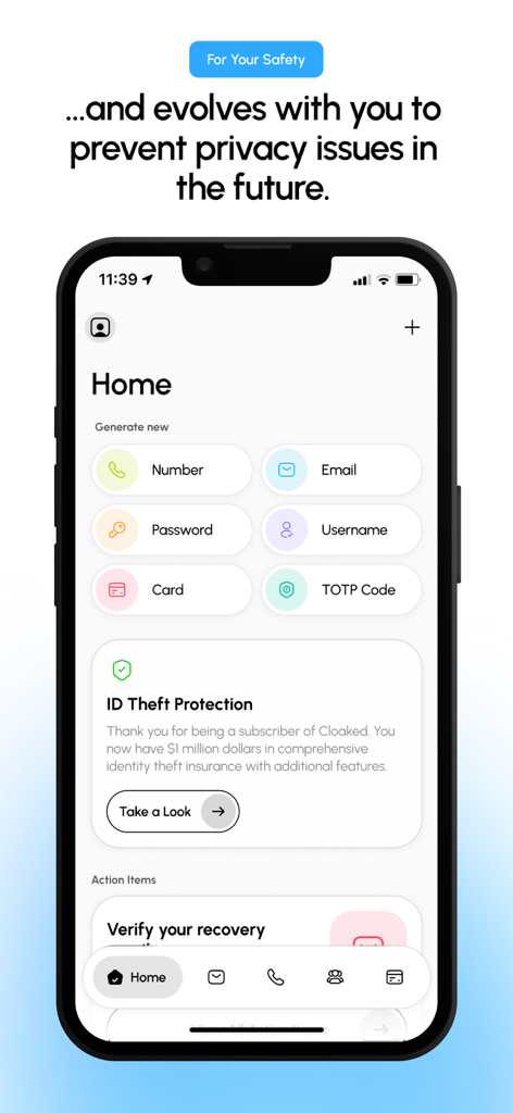 Cloaked app home screen displaying privacy alias generators and identity theft insurance information
