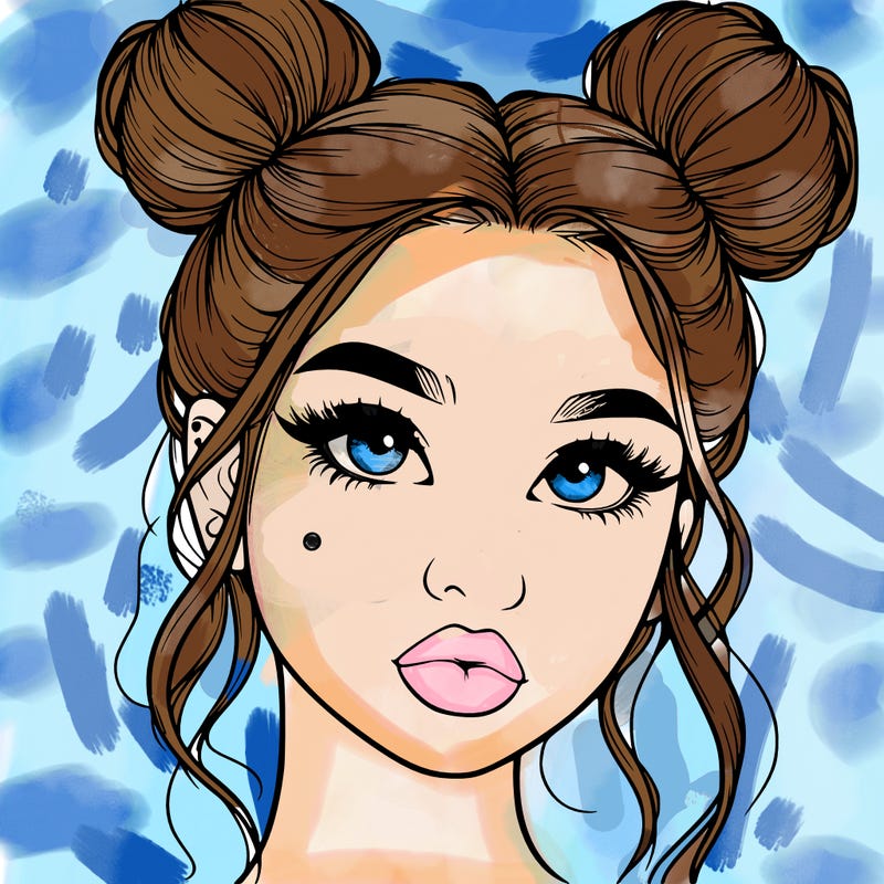 realistic girl with two buns on her hair and lips