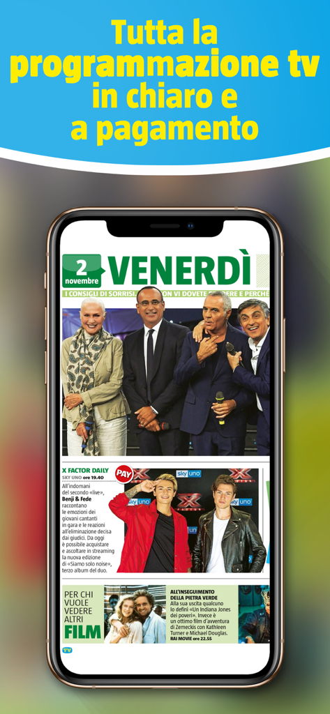 Smartphone screen showing the Italian TV programming guide and celebrity news from Tv Sorrisi and Canzoni app