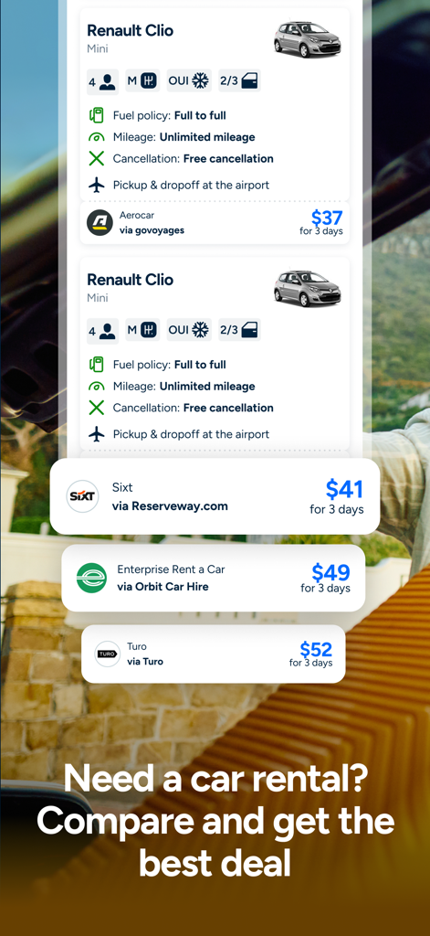 Interfaccia dell'app mobile Liligo per confrontare i prezzi e le condizioni di noleggio auto