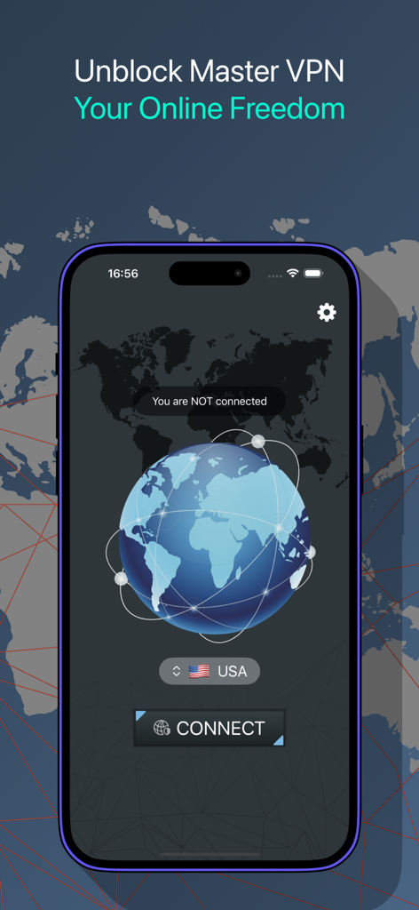 Unblock Master VPN mobile app home screen showing a globe icon and a connect button for secure browsing