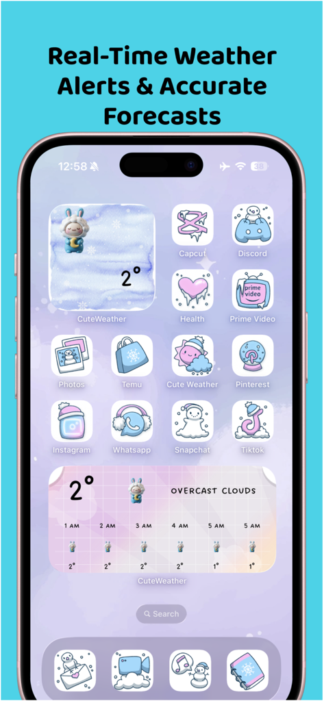 iPhone home screen with aesthetic weather widgets and custom kawaii icons