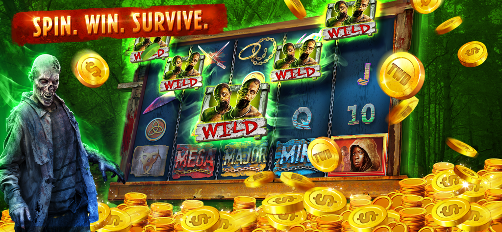 The Walking Dead Casino Slots - Promotional screen for The Walking Dead Casino Slots featuring a walker and flying gold coins