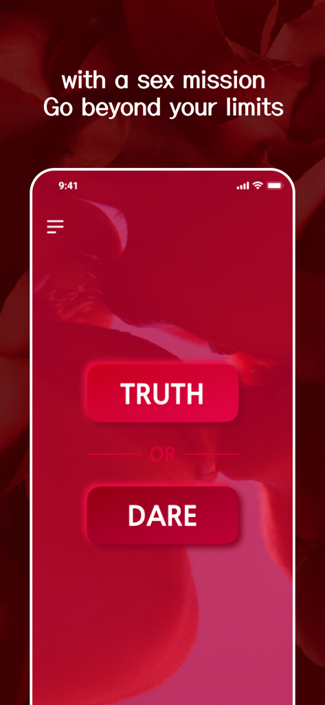 SexGame Truth or Dare - Interfaz del juego móvil Verdad o Reto con botones de Verdad y Reto sobre un fondo rojo.