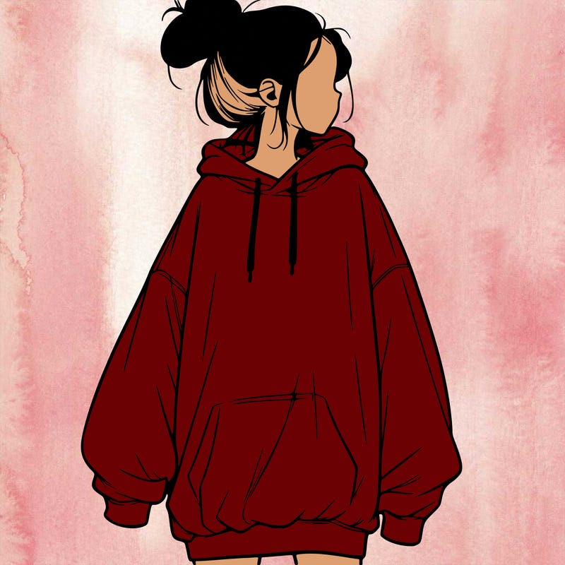 realistic girl with a oversized sweatshirt on and a bun