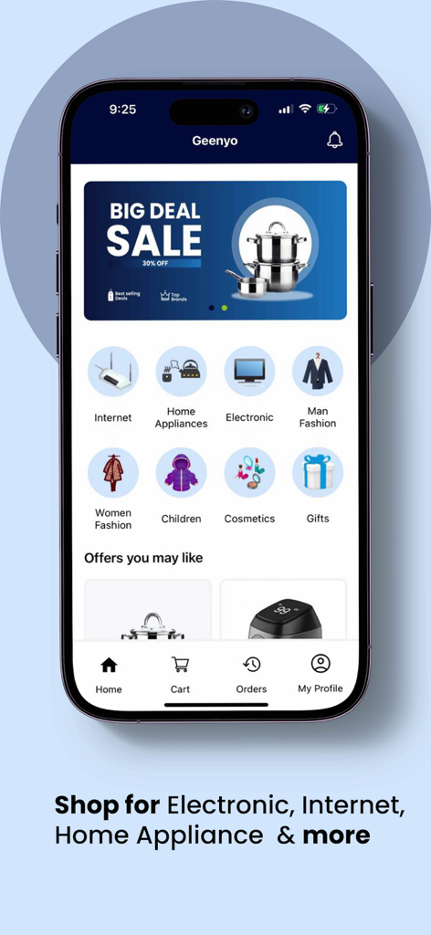 Geenyo mobile app home screen showing shopping categories for electronics and home appliances