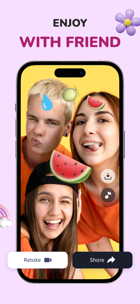 Tap Tap Filter Challenge Games - Three friends using a watermelon challenge filter in the Tap Tap Filter app