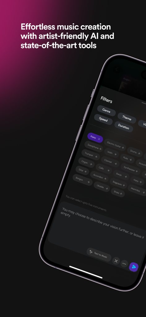 Soundverse - AI Song Generator - Soundverse app interface showing filters for music genre theme and selectable instruments for AI song generation