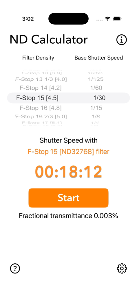 Neutral Density Calculator - Interface da aplicação Calculadora ND apresentando um tempo de longa exposição de 18 minutos calculado para um filtro de densidade neutra de 15 stops