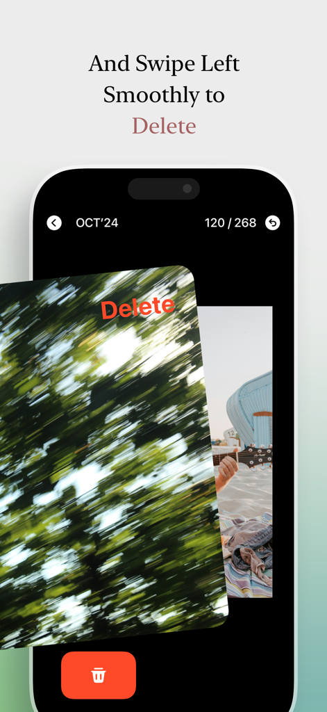 User swiping left on a blurry photo to delete it in the SwipeNow app interface.