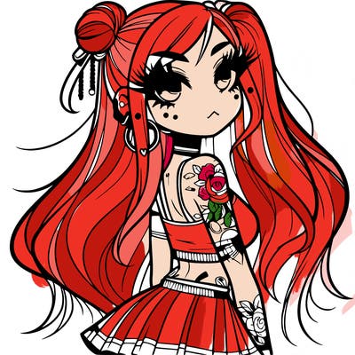 cool anime girl long hair half up in a bun has tattos and big eyelashes with some piercings not many wearing a short skirt and tank top