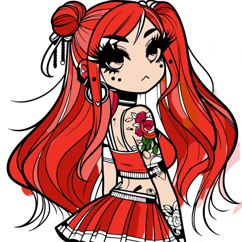 cool anime girl long hair half up in a bun has tattos and big eyelashes with some piercings not many wearing a short skirt and tank top