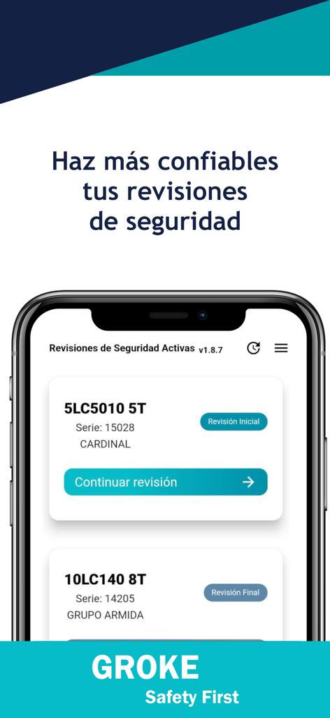 Groke - Smartphone screen showing safety review logs in the Groke construction app