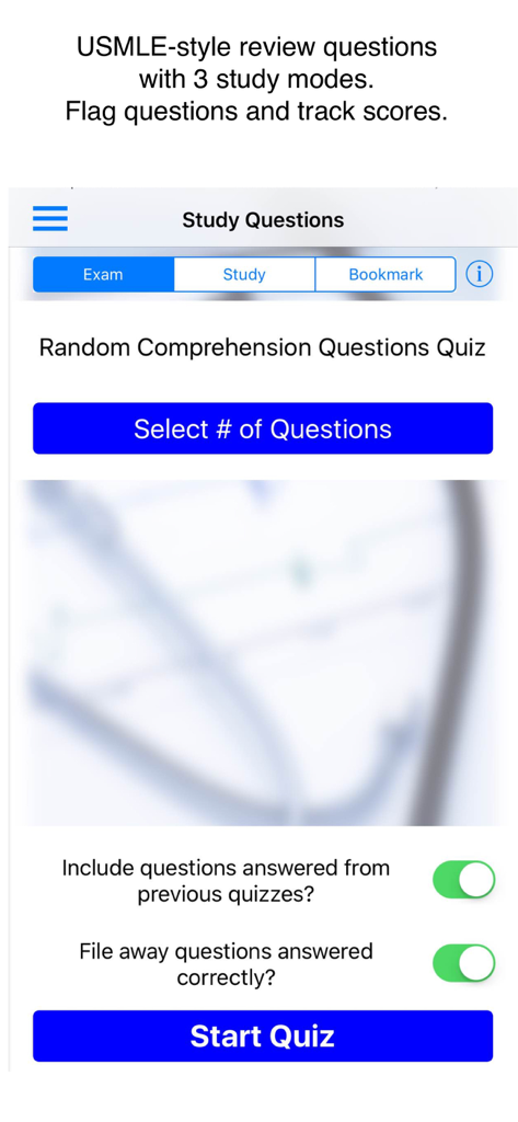 Obstetrics & Gynecology Cases - Obstetrics and Gynecology Cases app study questions screen showing quiz options and study modes