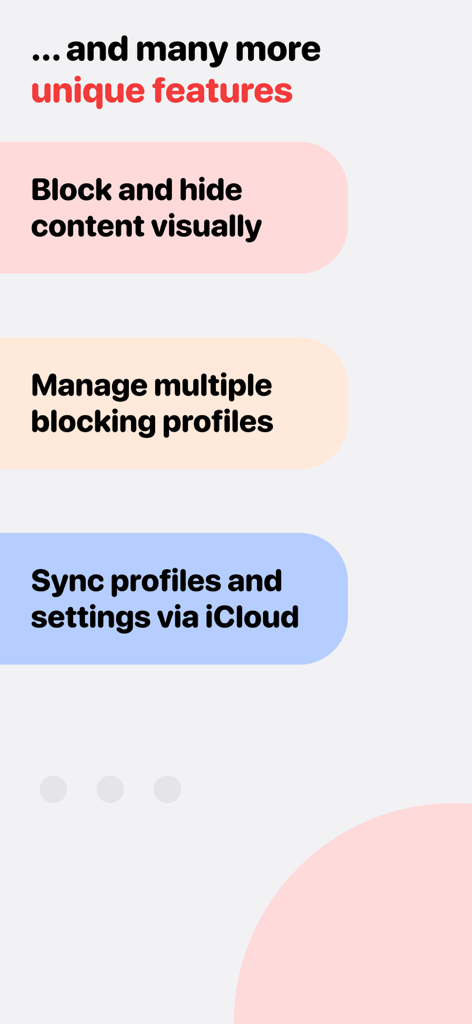 List of Roadblock app features highlighting visual content blocking, profile management, and iCloud synchronization.
