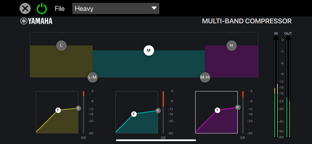 dspMixFx UR-C - UI of the multi-band compressor within the Yamaha dspMixFx UR-C app showing three-band frequency controls and compression graphs