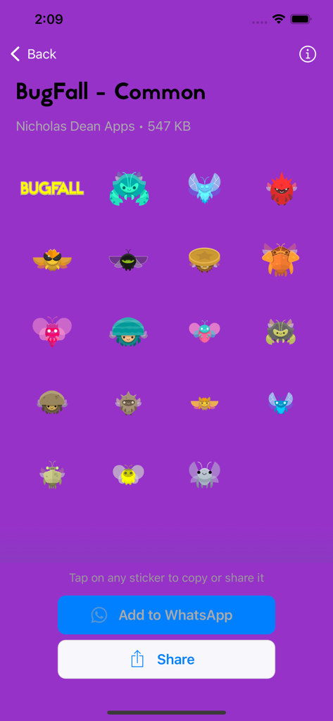 Grille de personnages d'insectes colorés et autocollants de logo de jeu dans l'interface de l'application BugFall