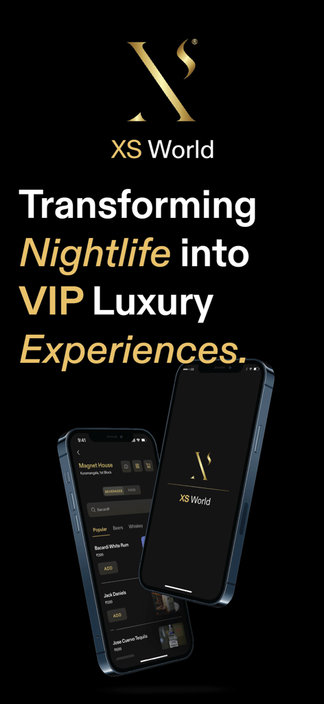 XS World - XS World mobile app displaying VIP luxury nightlife services and drink ordering on iPhone