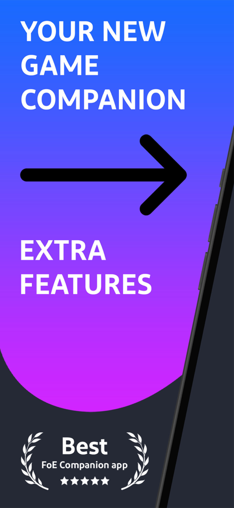 Promotional screen for the FoE Companion app highlighting extra game features and a top user rating.