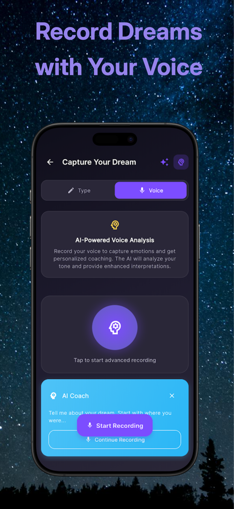 Mobile app screen for Dreamsplain showing the voice record interface for capturing dreams with AI powered analysis