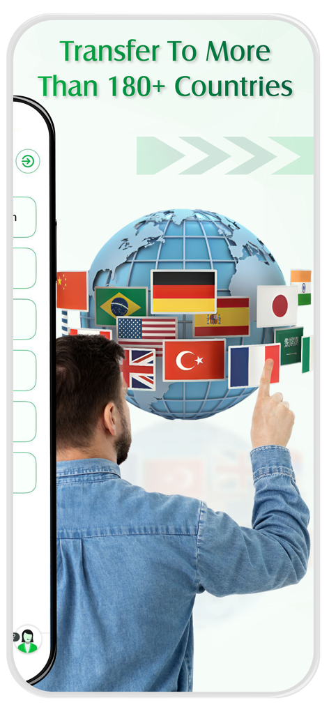 Al Mulla Exchange - Una persona che indica un globo con bandiere che rappresentano trasferimenti di denaro internazionali in oltre 180 paesi