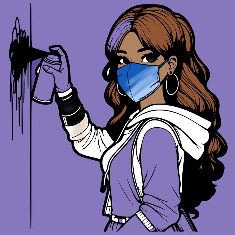 realistic girl with mask spray painting a wall