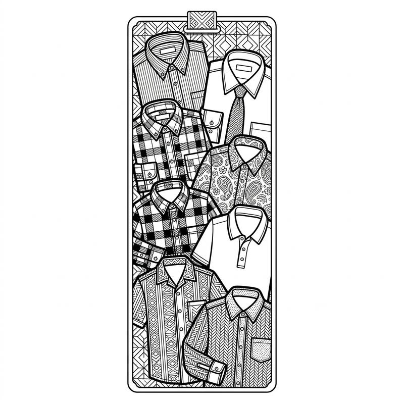 Explore a collection of detailed men's shirts arranged perfectly within a printable bookmark coloring page. From classic flannels to elegant dress shirts, bring these fashionable designs to life with your creativity.