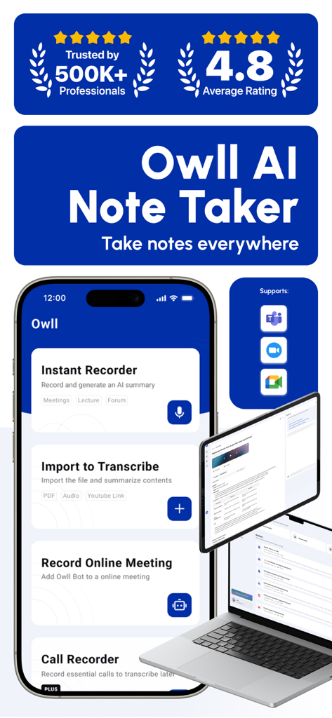Owll AI Note Taker app display showcasing voice recording transcription and meeting features across multiple devices
